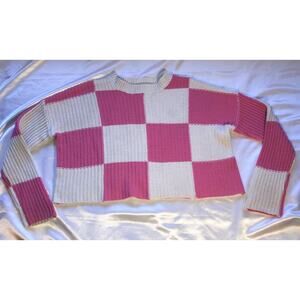Moon & Madison Sweater Cropped Knit Pink Cream Colorblock Squares Size S